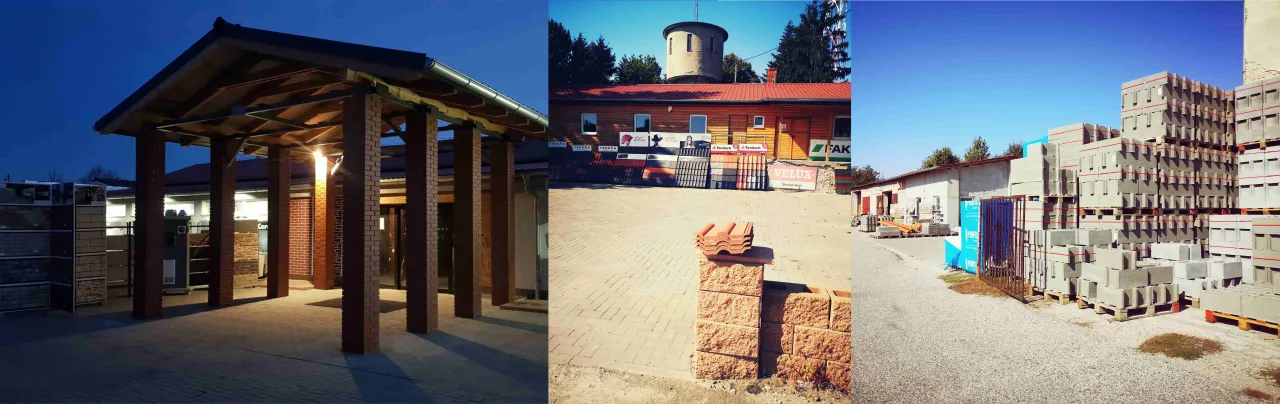 Prevádzky BenátCentrum: vstup do predajne, areál a sklad stavebného materiálu
